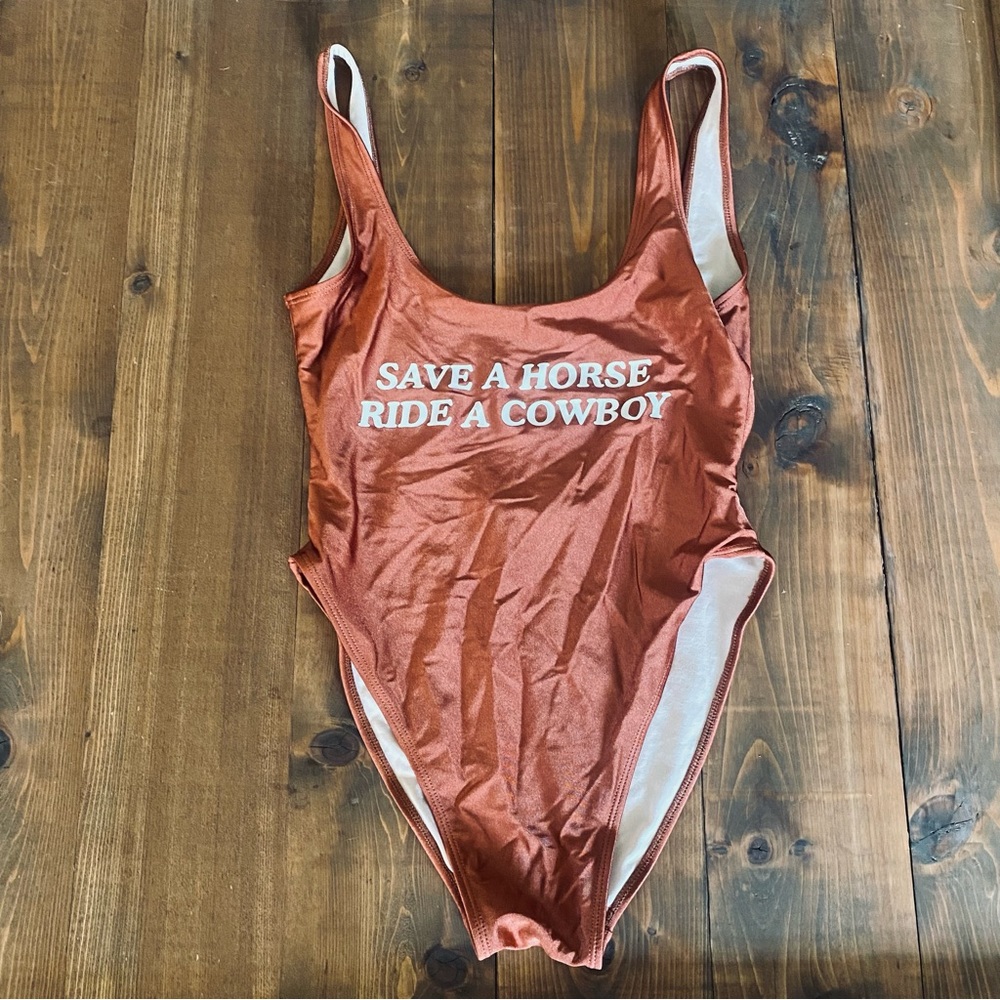 PRIVATE PARTY Rust Copper One-Piece Swimsuit with White Text